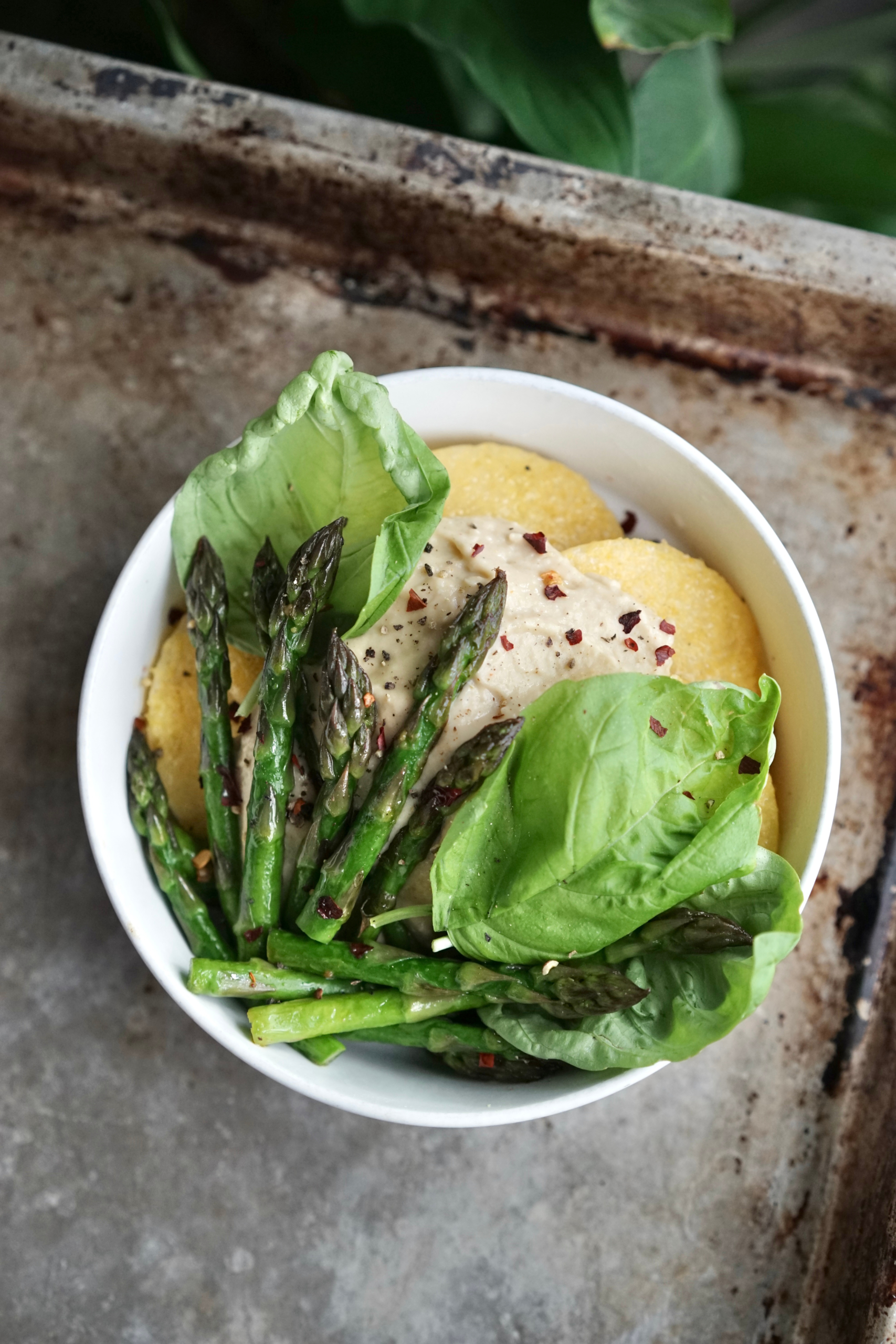 Pan-fried Polenta with Lemony Asparagus, Hummus & Basil | Living Healthy in Seattle