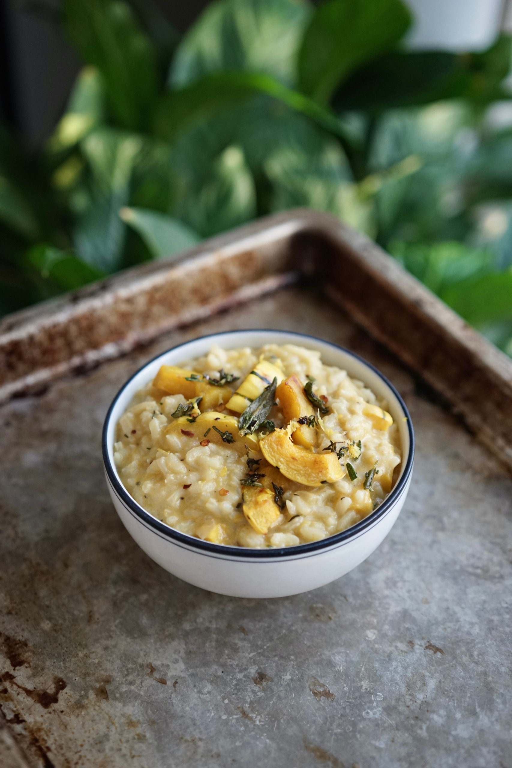 Vegan Roasted Delicata Squash Risotto with Fried Herbs | Living Healthy in Seattle